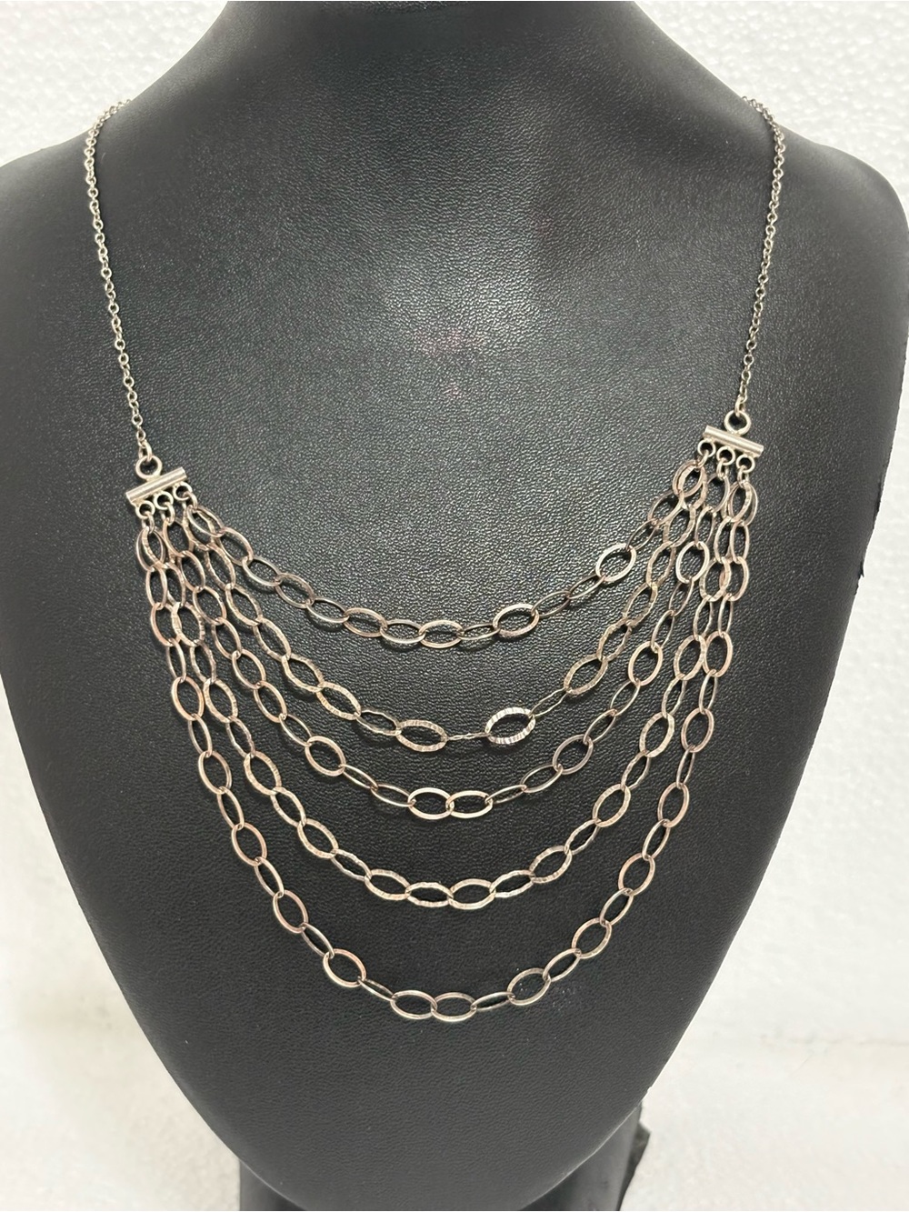Sterling Silver Five Strand Necklace With Oval Links Made In Italy 17”